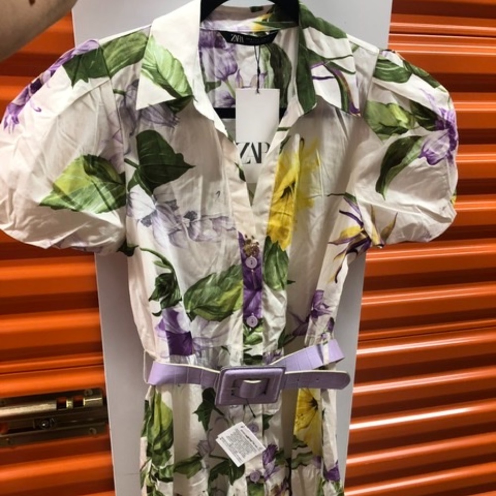 💚💜💛 NWT ZARA Floral Cotton Poplin Dress Puffy sleeves, M